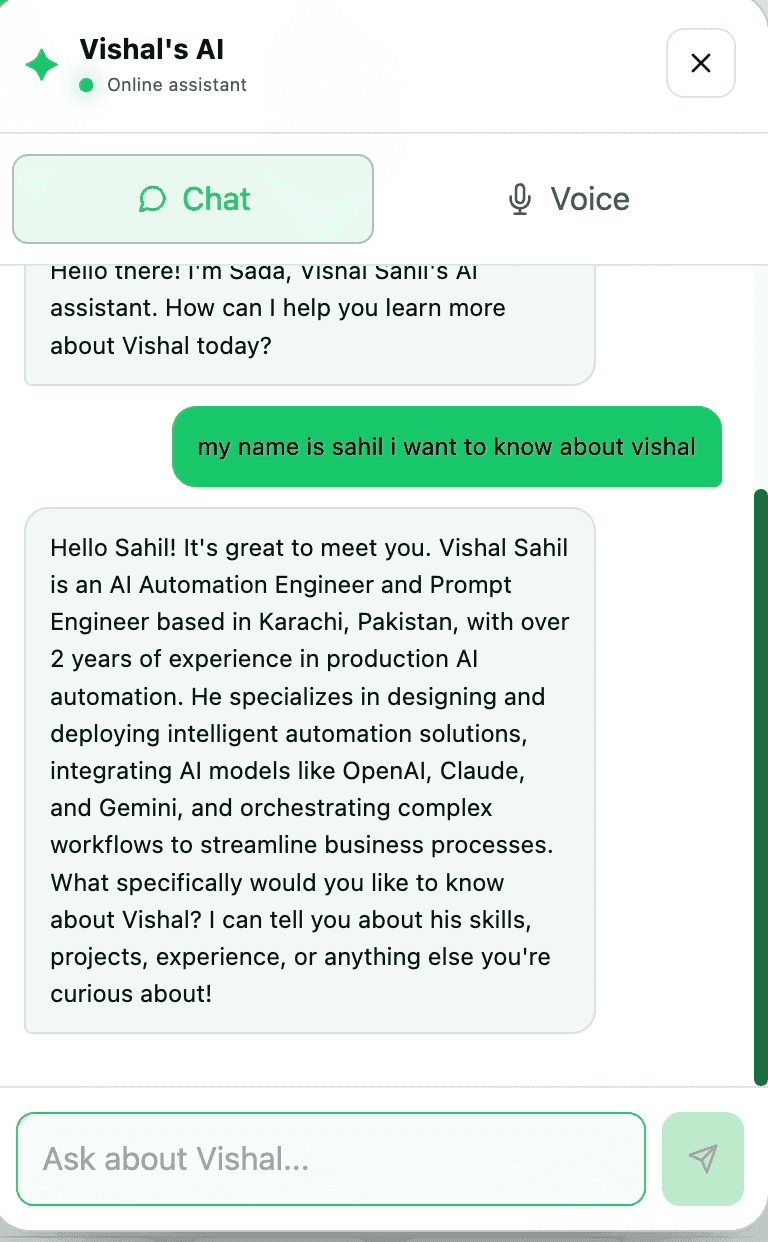 Portfolio AI Assistant live conversational interface