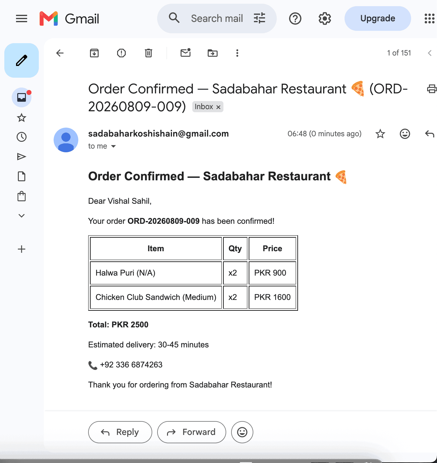 Sadabahar restaurant automatic order confirmation email
